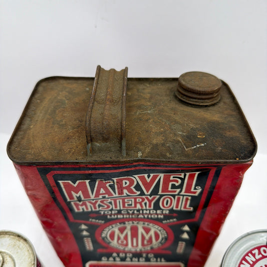 Vintage Oil Can Lot Marvel Mystery Oil Pennzoil STP Treatment Tins Movie Prop