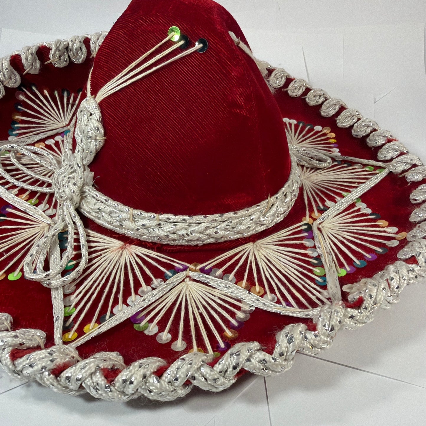 Sombreros Sanchez Red Velvet Charro Sombrero Hat Silver Trim Sequins 15in