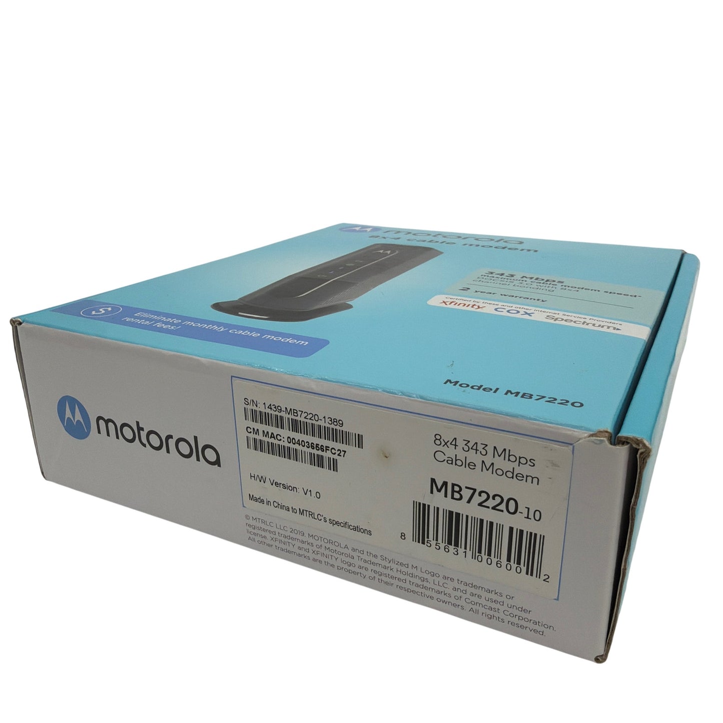 Motorola MB7220 DOCSIS 3.0 8x4 Cable Modem with Cables and Power Adapter