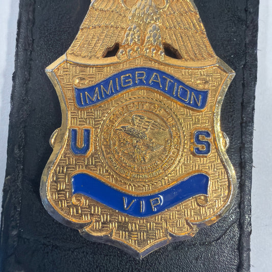 U.S. Immigration VIP Badge on Black Leather Holder Gold Tone Blue Enamel