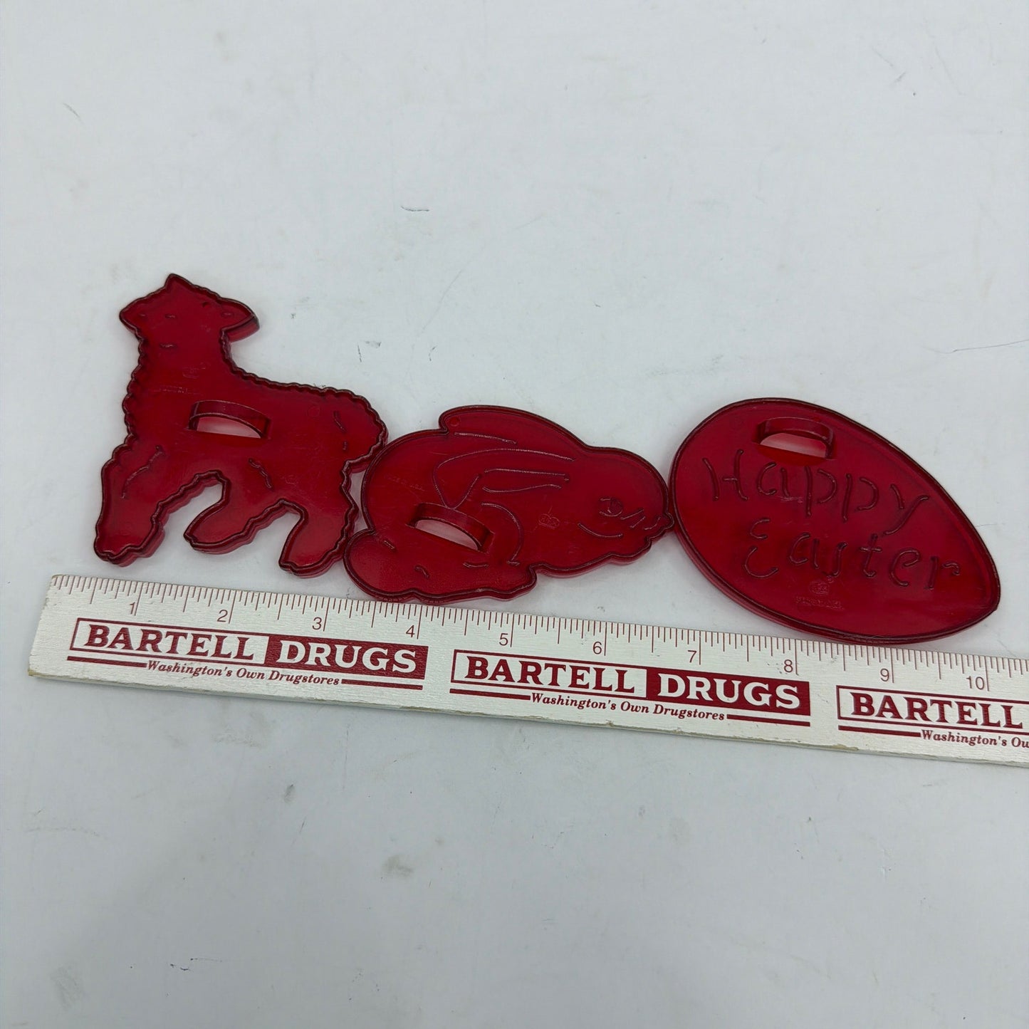 Vintage HRM Red Plastic Easter Cookie Cutters Set of 3 Bunny Lamb Happy Easter