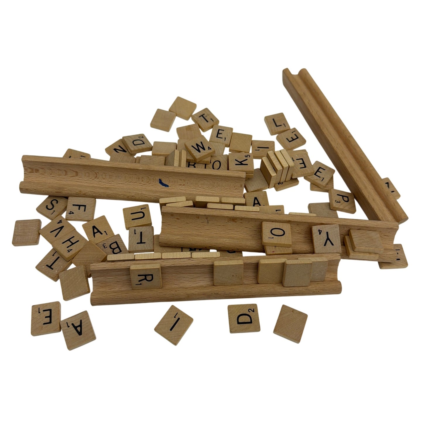 Wooden Letter Tile and Rack Lot for Scrabble Style Word Game
