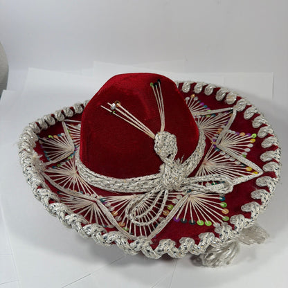 Sombreros Sanchez Red Velvet Charro Sombrero Hat Silver Trim Sequins 15in