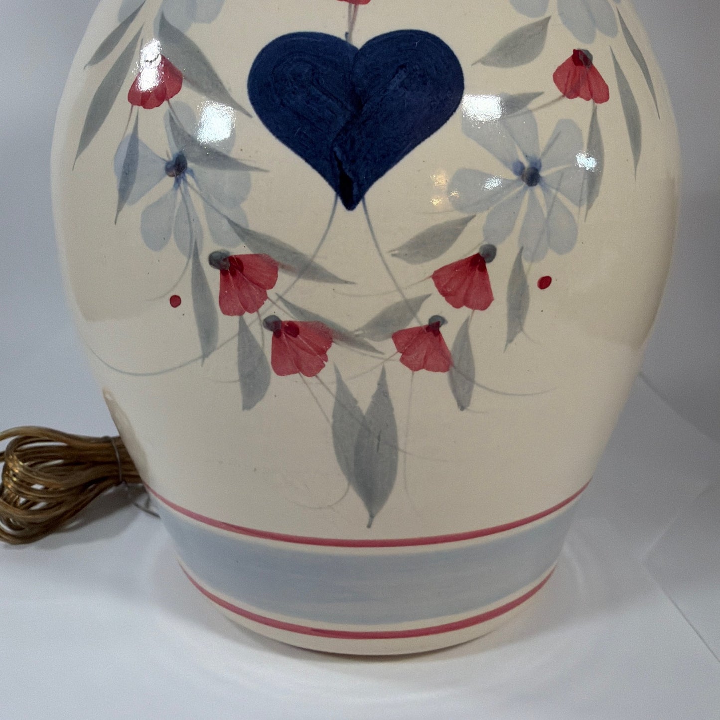 Vintage Ceramic Table Lamp Base Blue Heart Floral Pattern 22.5 in