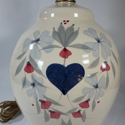 Vintage Ceramic Table Lamp Base Blue Heart Floral Pattern 22.5 in