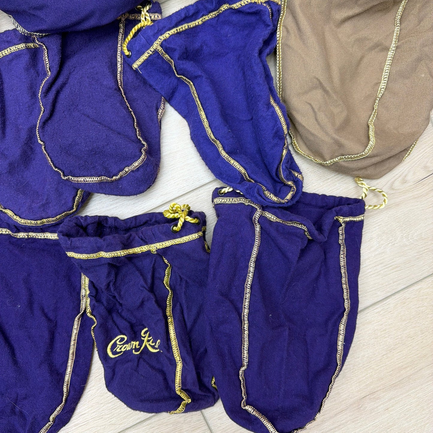 Lot of 16 Crown Royal Drawstring Bottle Bags Mixed Colors Purple Green Tan