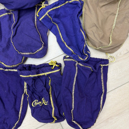Lot of 16 Crown Royal Drawstring Bottle Bags Mixed Colors Purple Green Tan