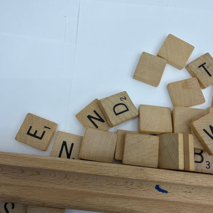 Wooden Letter Tile and Rack Lot for Scrabble Style Word Game