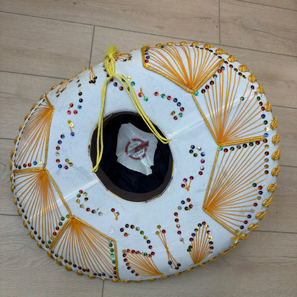 Pigalle XXXXX White Charro Sombrero Hat with Gold Trim and Sequins 23 in