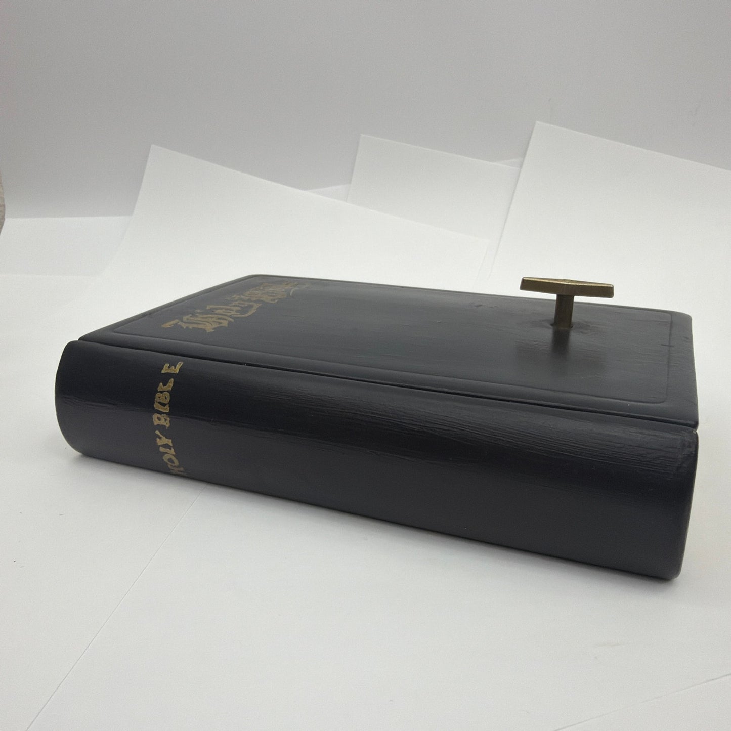 Working Holy Bible Book Shaped Music Box Black Gold Religious Decor