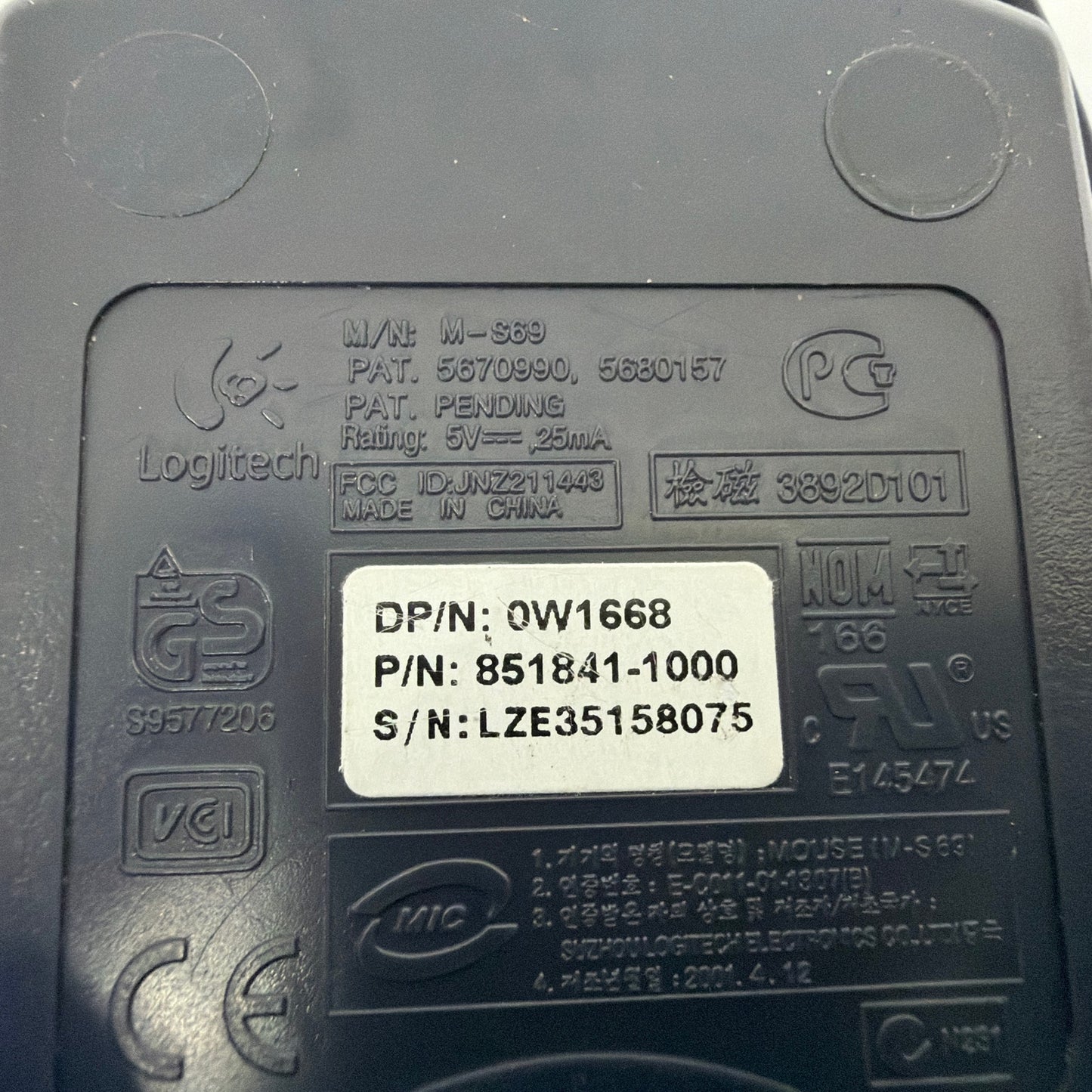 Dell Logitech M-S69 Wired PS/2 Mouse Black 0W1668