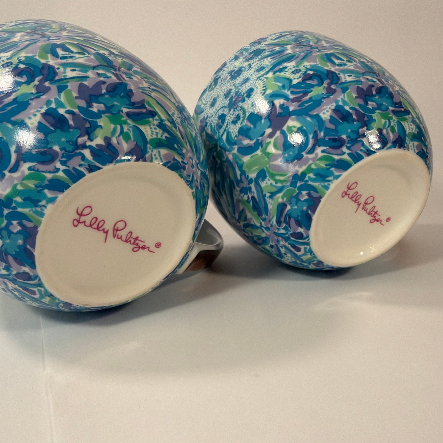 Lilly Pulitzer Blue Green Floral Ceramic Mug Set of 2 with Gold-Tone Handles