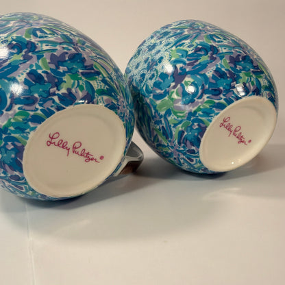 Lilly Pulitzer Blue Green Floral Ceramic Mug Set of 2 with Gold-Tone Handles