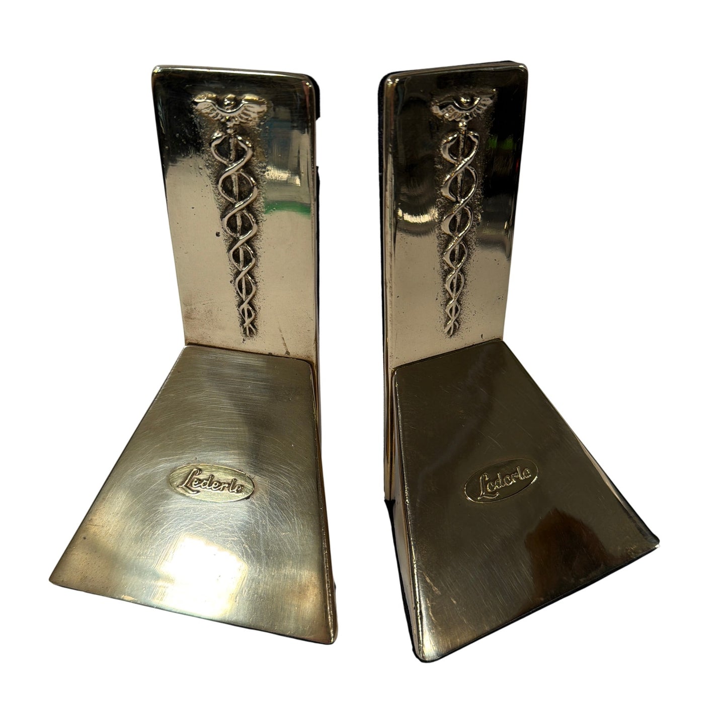 Lederle Caduceus Medical Bookends Pair Silver/Gold Tone Metal