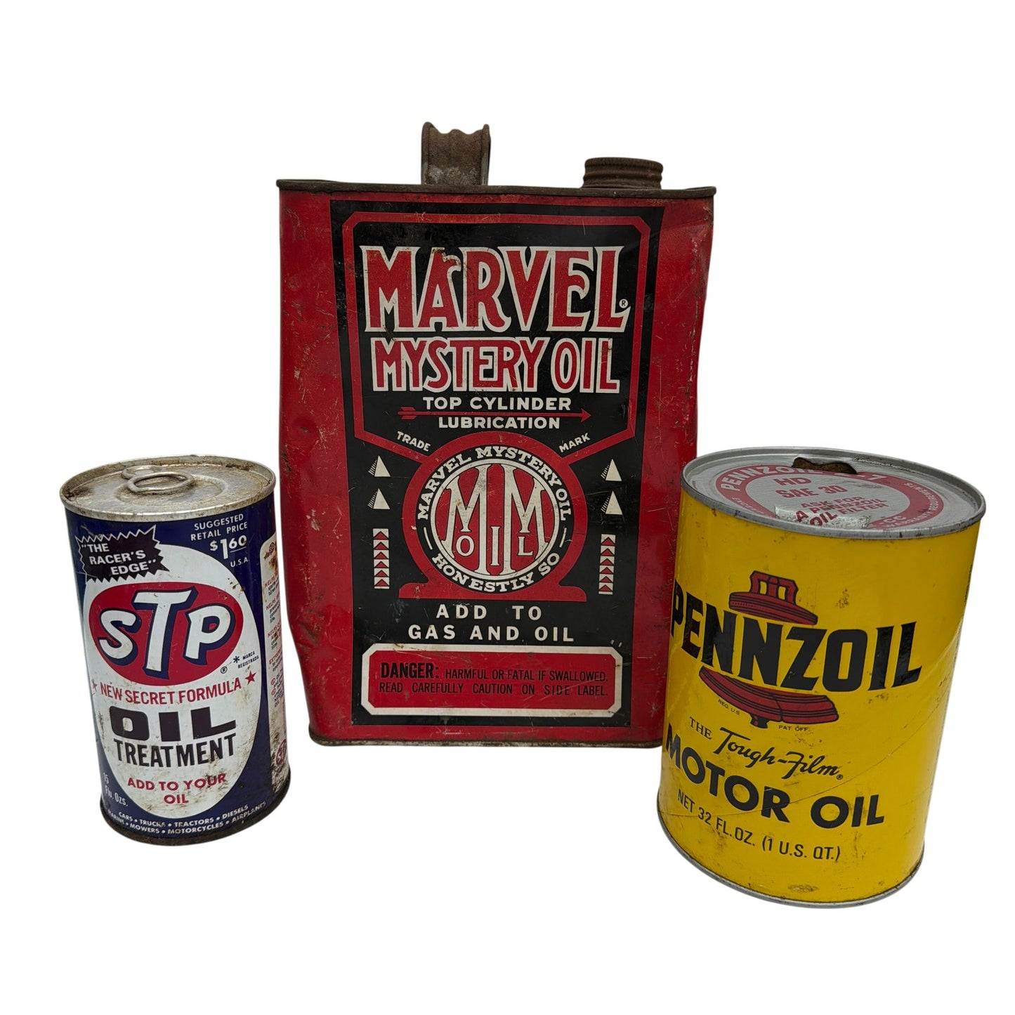 Vintage Oil Can Lot Marvel Mystery Oil Pennzoil STP Treatment Tins Movie Prop