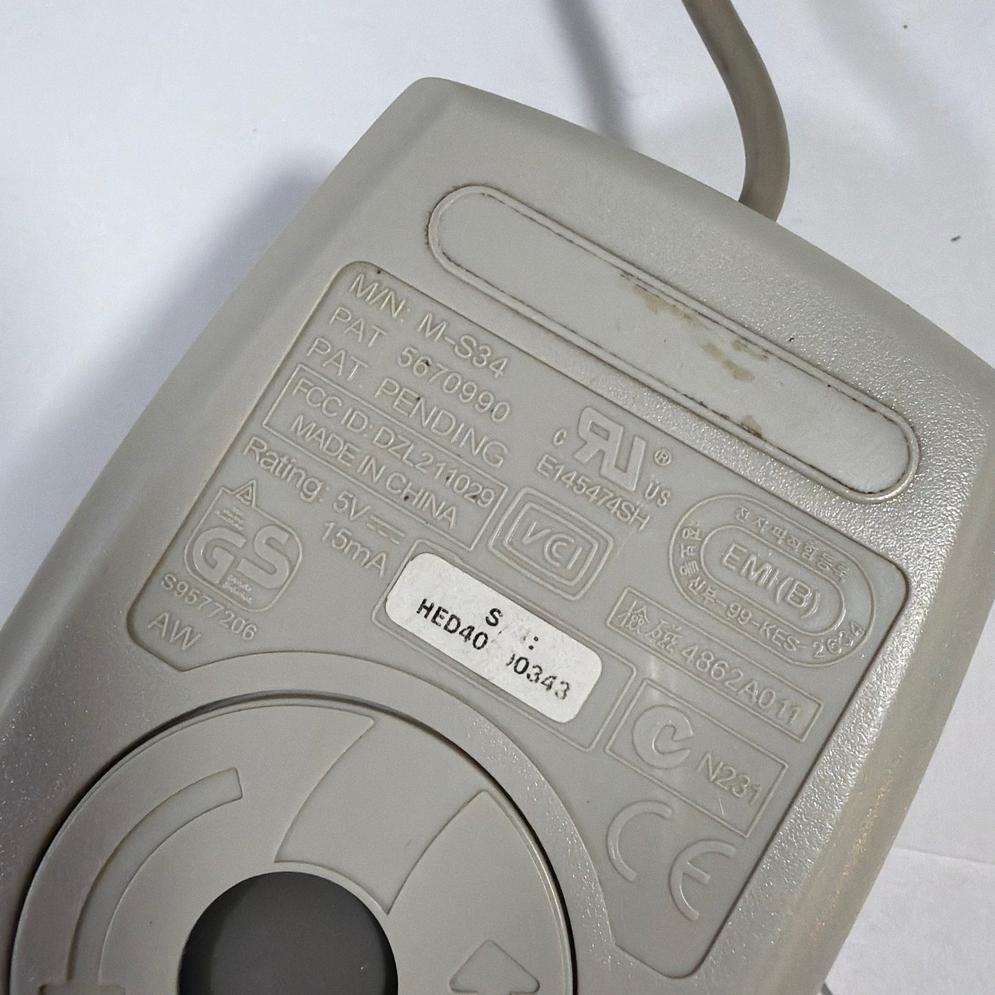 M-S34 Wired PS/2 Computer Mouse Beige/Gray Tested Working