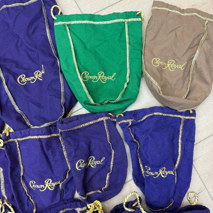 Lot of 16 Crown Royal Drawstring Bottle Bags Mixed Colors Purple Green Tan