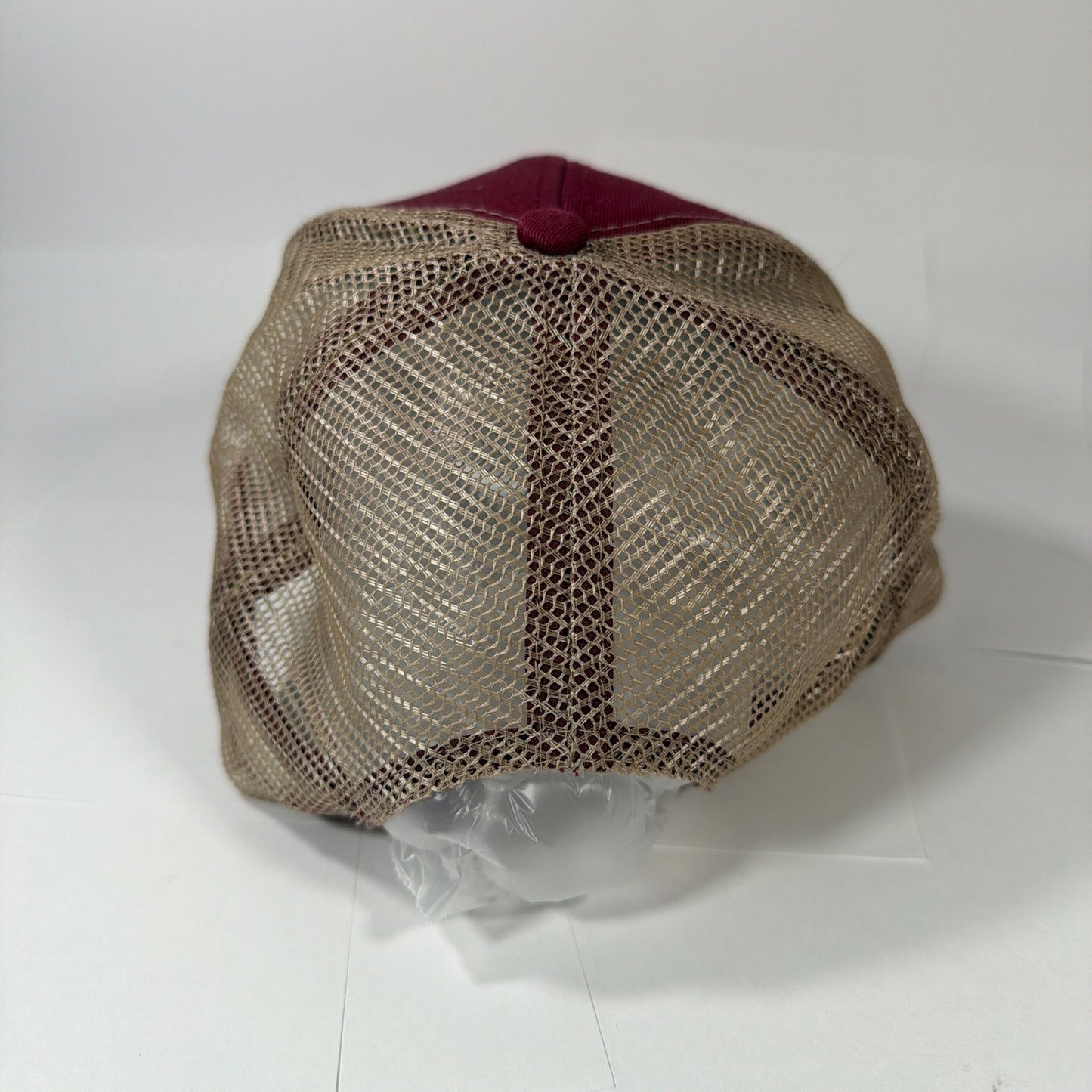 Cabela's Wildlife & Land Management Mesh Trucker Hat Burgundy Tan Snapback