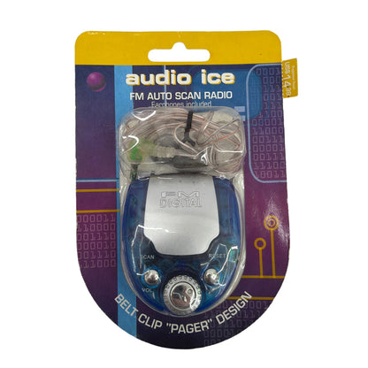 audio ice FM Auto Scan Radio Belt Clip Pager Design w/ Earphones - New Old Stock