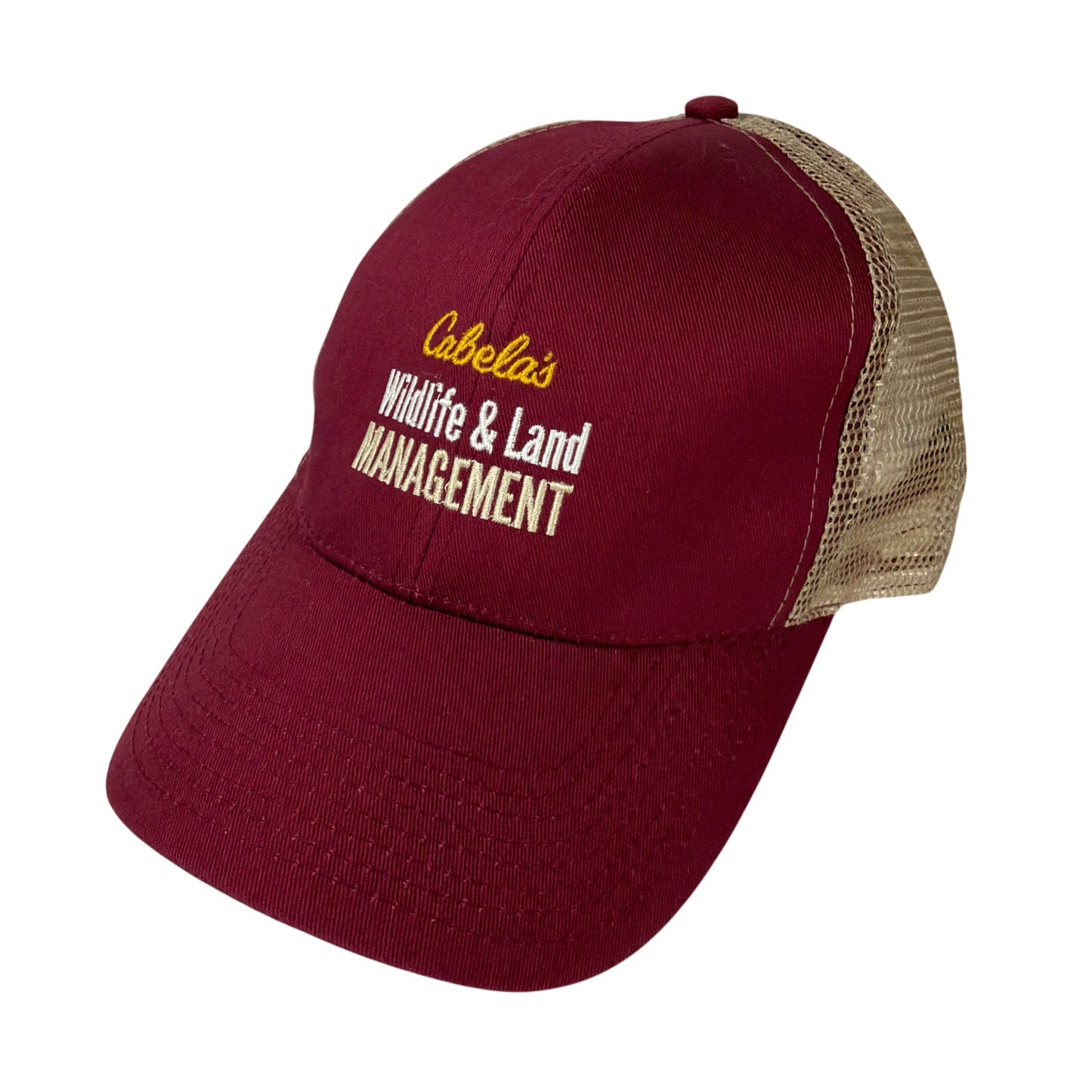 Cabela's Wildlife & Land Management Mesh Trucker Hat Burgundy Tan Snapback