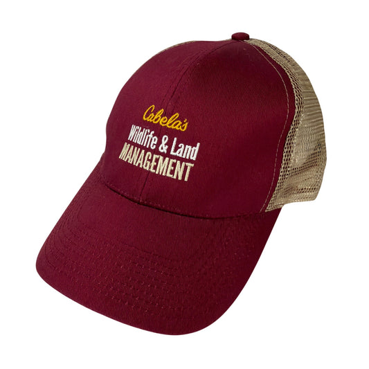 Cabela's Wildlife & Land Management Mesh Trucker Hat Burgundy Tan Snapback