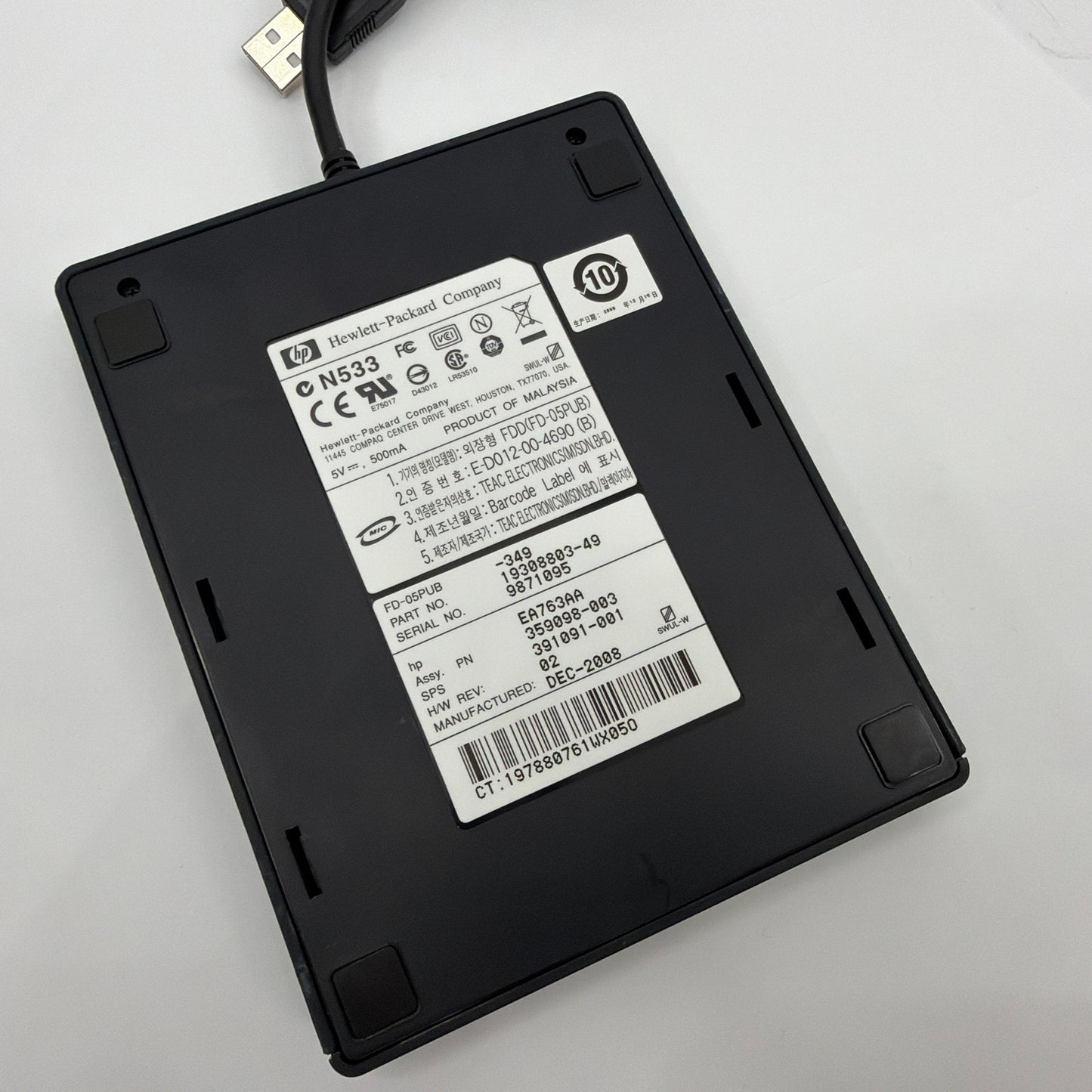 HP EA763AA FD-05PUB External USB 3.5 Floppy Disk Drive Black