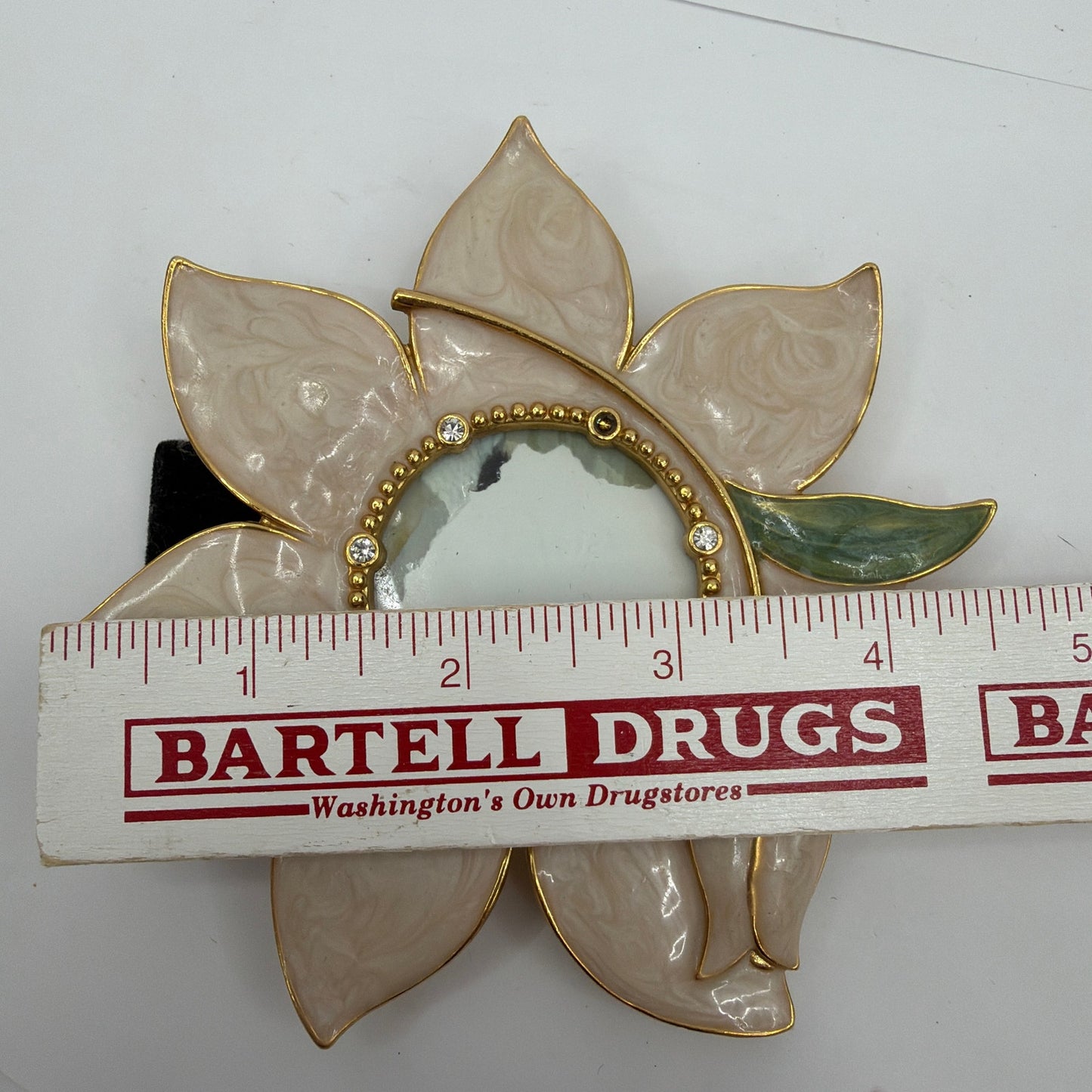 2001 Burnes of Boston Floral Mini Picture Frame Pink Gold Rhinestone 1.75 In