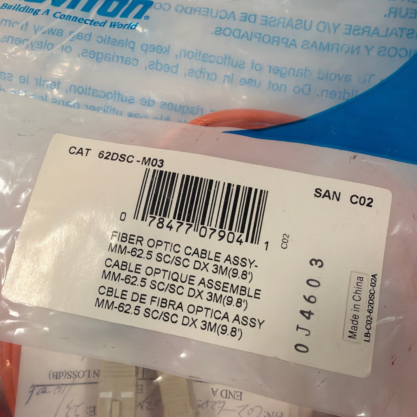 Leviton 62DSC-M03 Duplex SC-SC Multimode Fiber Optic Patch Cable 3m 62.5/125