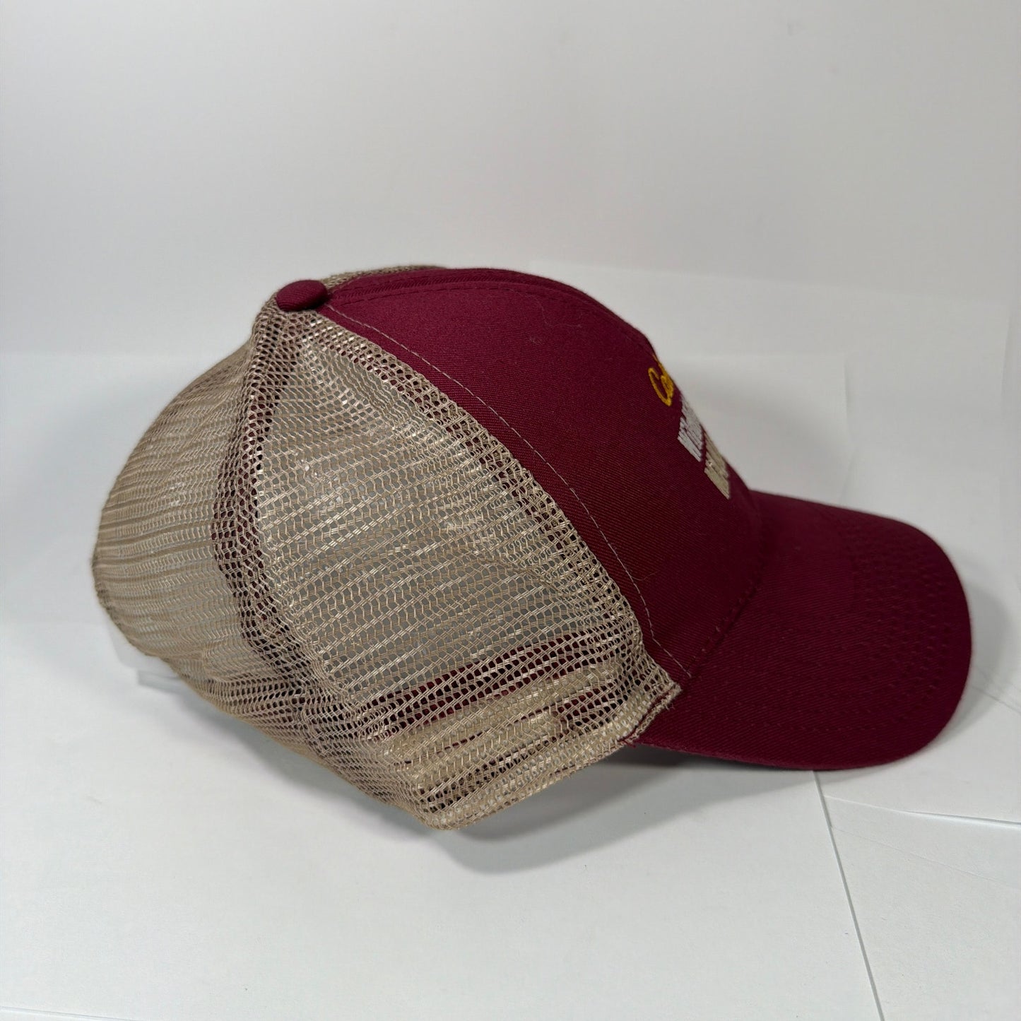 Cabela's Wildlife & Land Management Mesh Trucker Hat Burgundy Tan Snapback