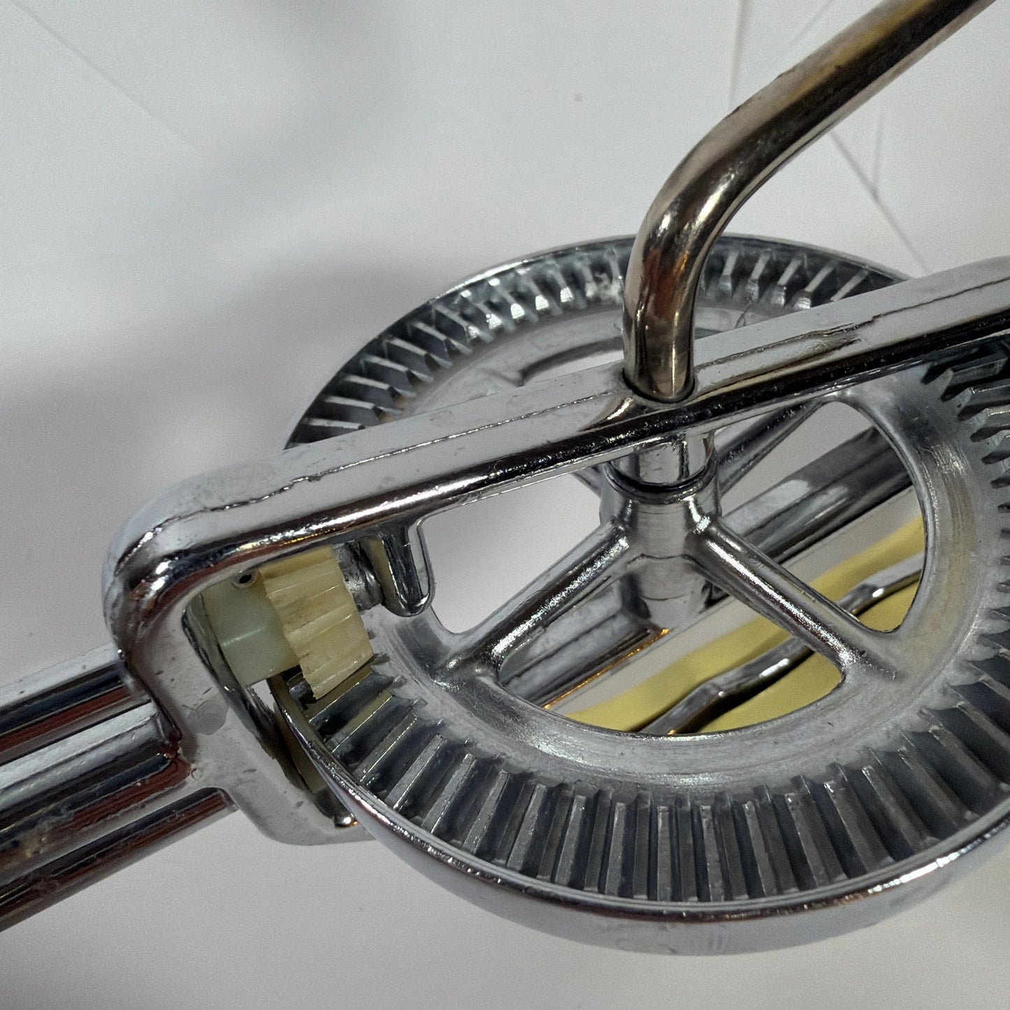 Maynard Manual Hand Crank Egg Beater Mixer Yellow Handle Chrome Cracked Handle