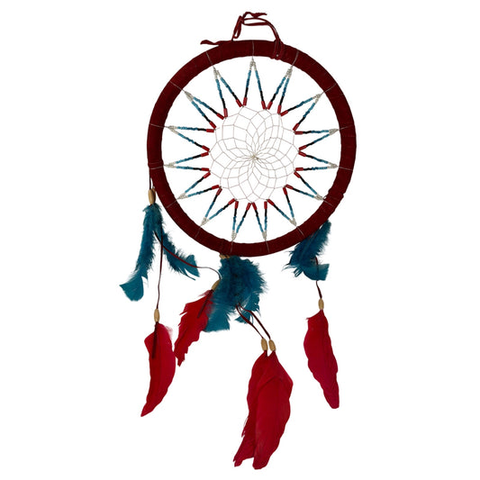 12 Inch Dreamcatcher Wall Hanging Red Hoop with Blue and Red Feathers