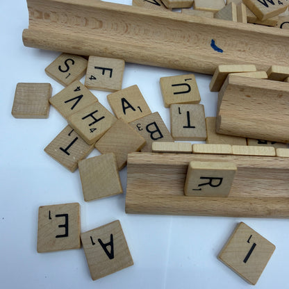 Wooden Letter Tile and Rack Lot for Scrabble Style Word Game