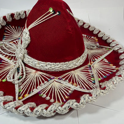 Sombreros Sanchez Red Velvet Charro Sombrero Hat Silver Trim Sequins 15in