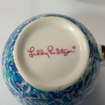 Lilly Pulitzer Blue Green Floral Ceramic Mug Set of 2 with Gold-Tone Handles