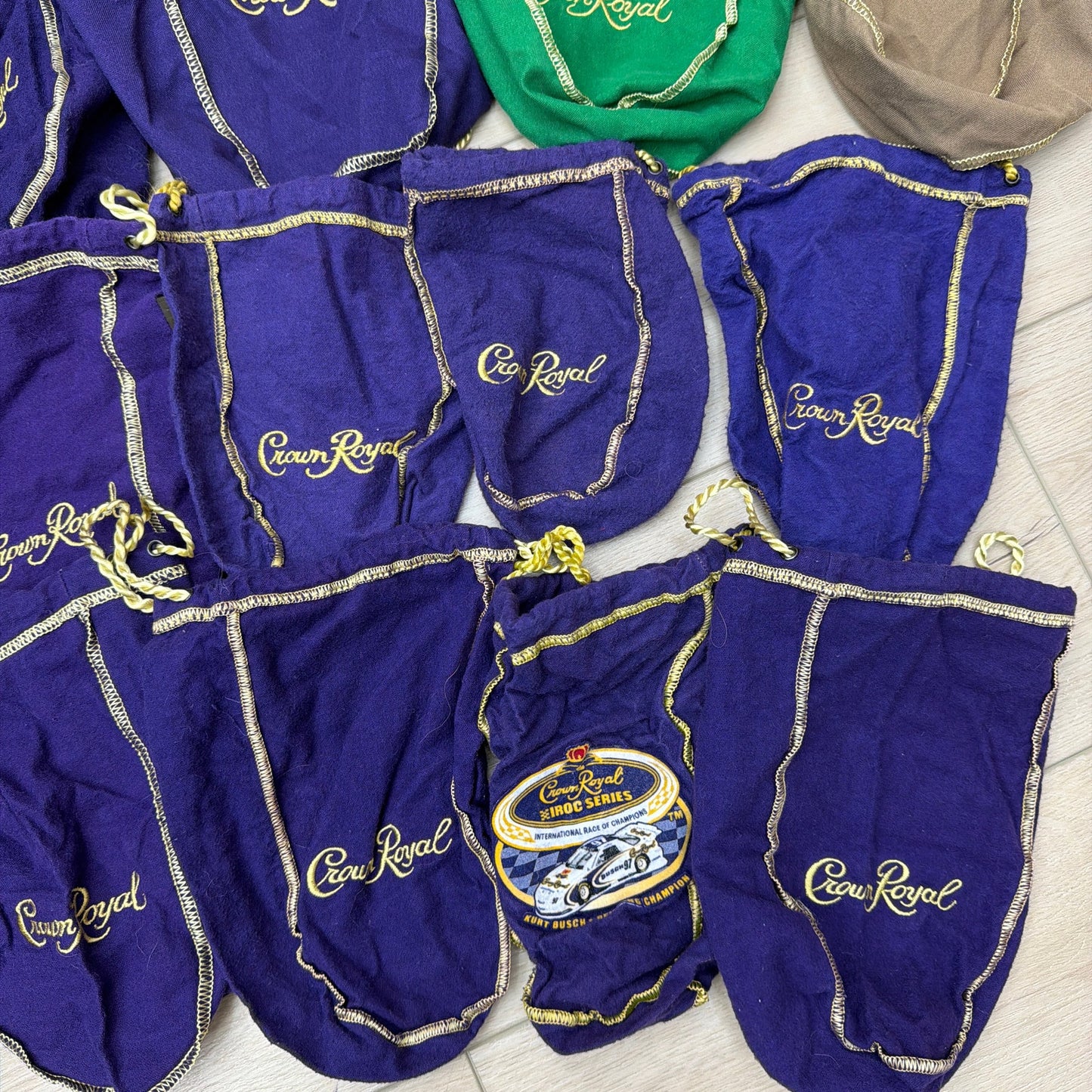 Lot of 16 Crown Royal Drawstring Bottle Bags Mixed Colors Purple Green Tan