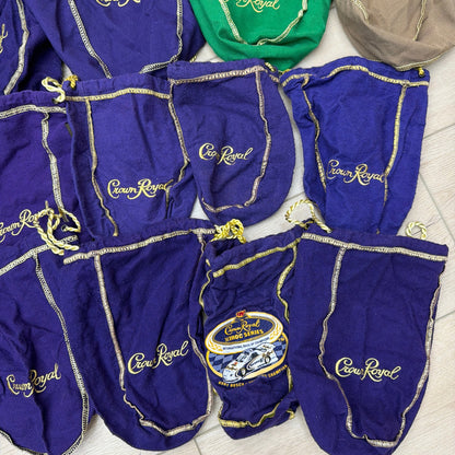 Lot of 16 Crown Royal Drawstring Bottle Bags Mixed Colors Purple Green Tan