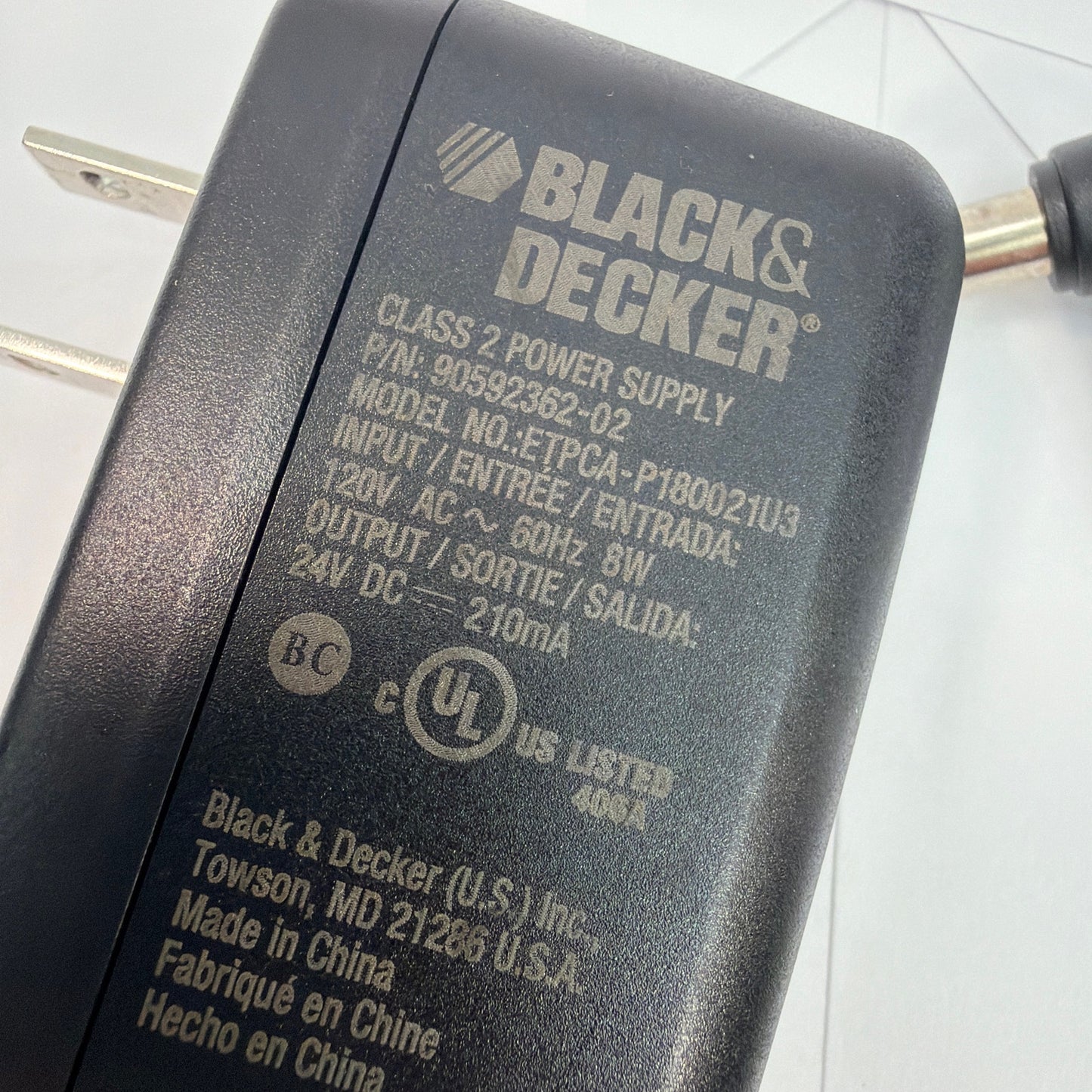 Black & Decker ETPC4-P180021U3 24V 210mA AC Adapter Power Supply 90592362-02