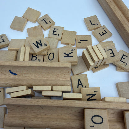 Wooden Letter Tile and Rack Lot for Scrabble Style Word Game