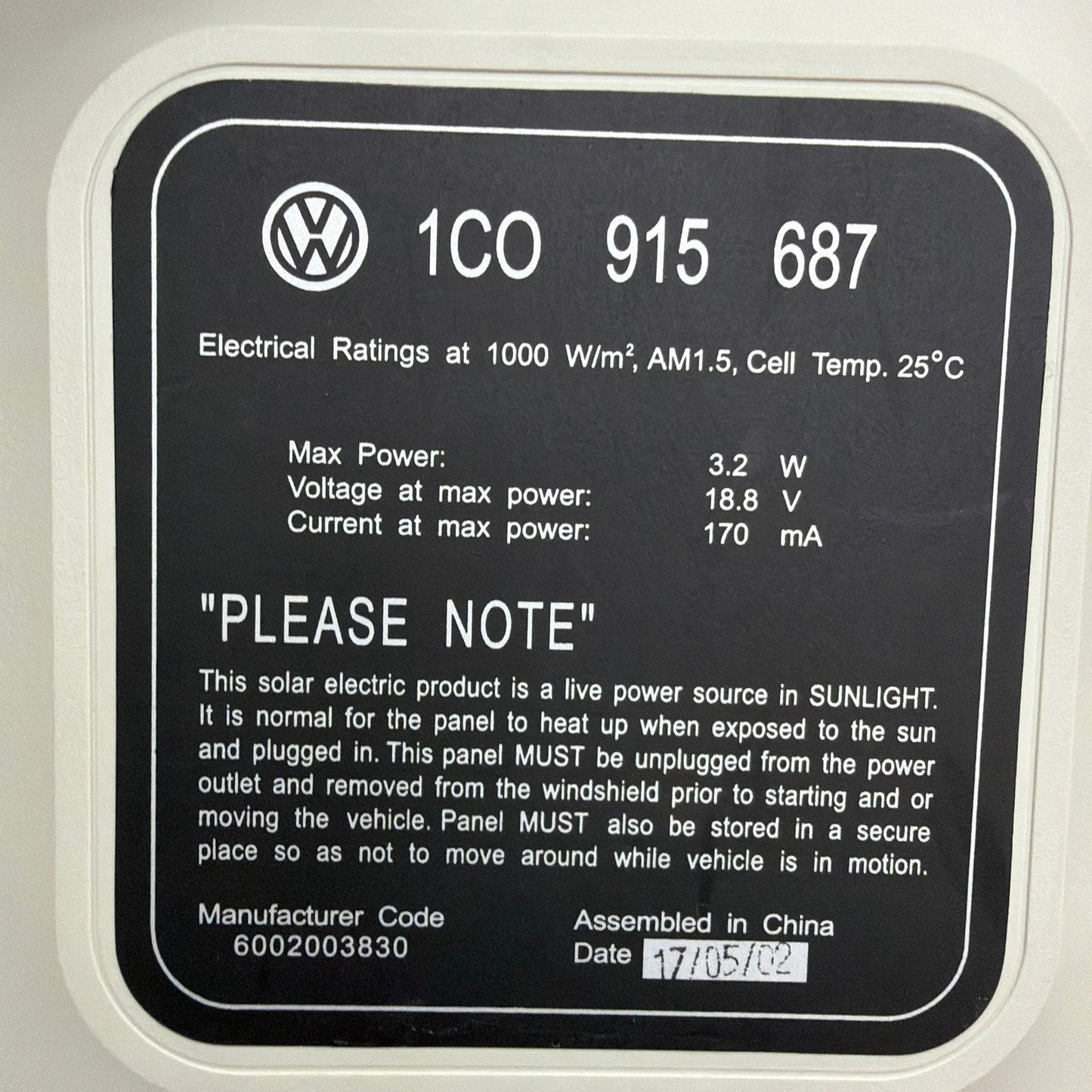 VW Volkswagen 1C0 915 687 Solar Battery Trickle Charger Panel 12V