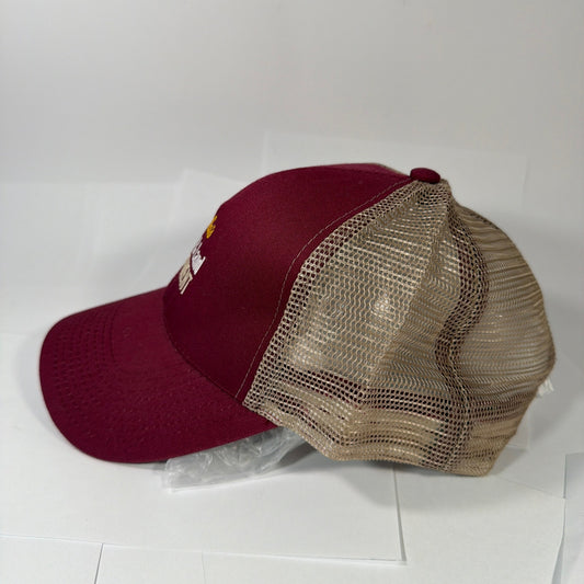 Cabela's Wildlife & Land Management Mesh Trucker Hat Burgundy Tan Snapback