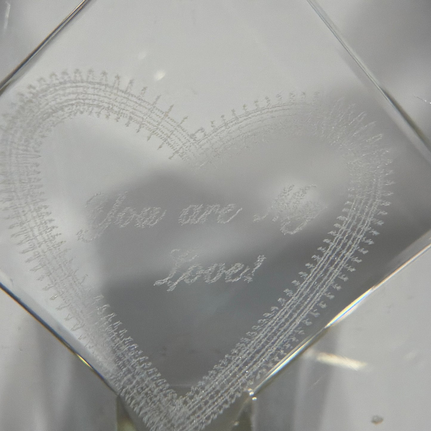 Clear Crystal Glass Cube Paperweight Engraved Heart "You Are My Love!" 1.5 in