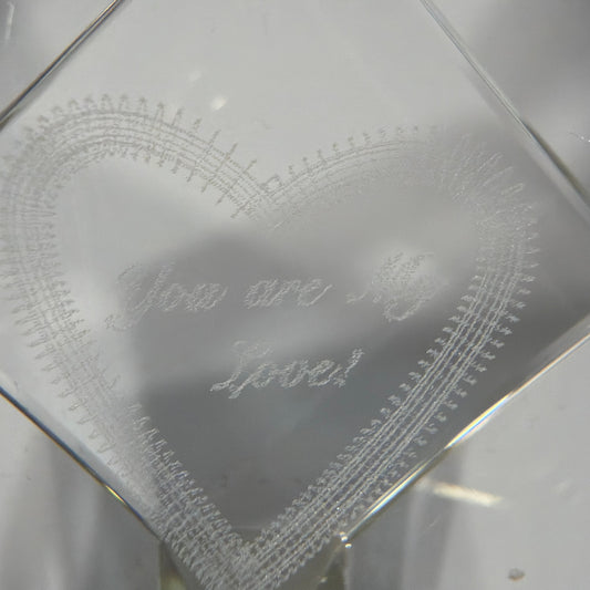 Clear Crystal Glass Cube Paperweight Engraved Heart "You Are My Love!" 1.5 in