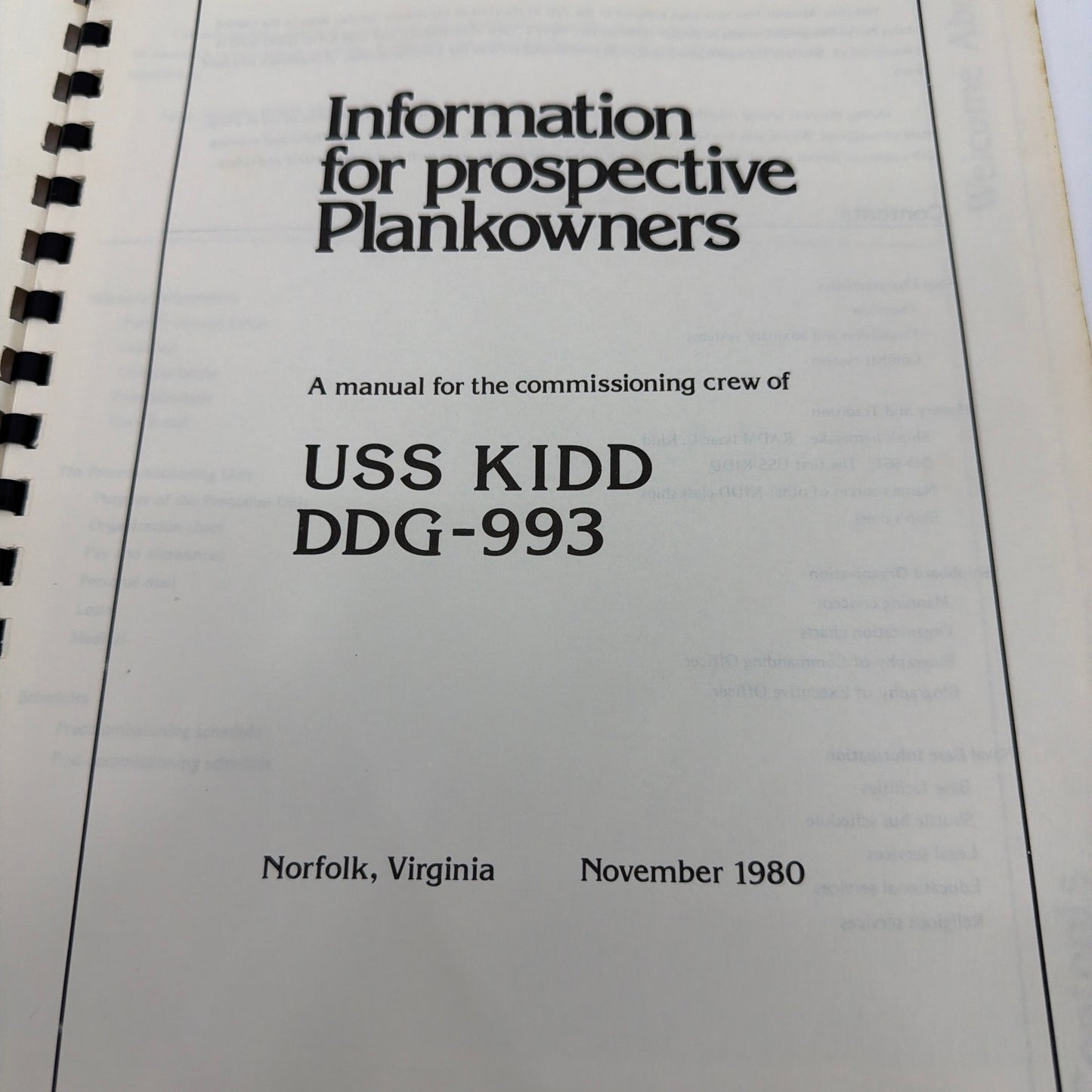 USS Kidd DDG-993 Information for Prospective Plankowners Manual November 1980
