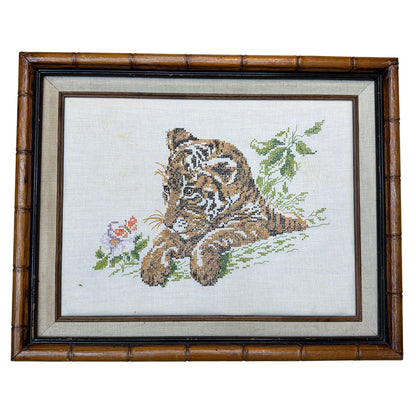 Framed Tiger Needlework Cross Stitch Wall Art 16 x 20 Bamboo Style Frame