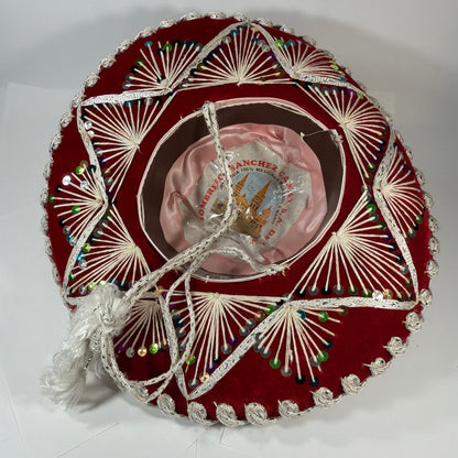 Sombreros Sanchez Red Velvet Charro Sombrero Hat Silver Trim Sequins 15in
