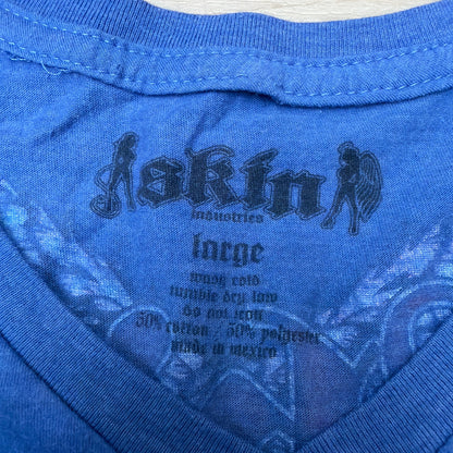 Skin Industries Womens Large Blue V-Neck Graphic T-Shirt Wings