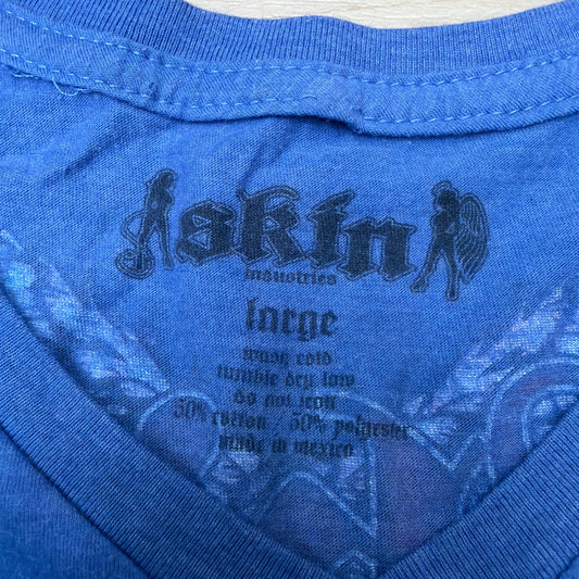 Skin Industries Womens Large Blue V-Neck Graphic T-Shirt Wings