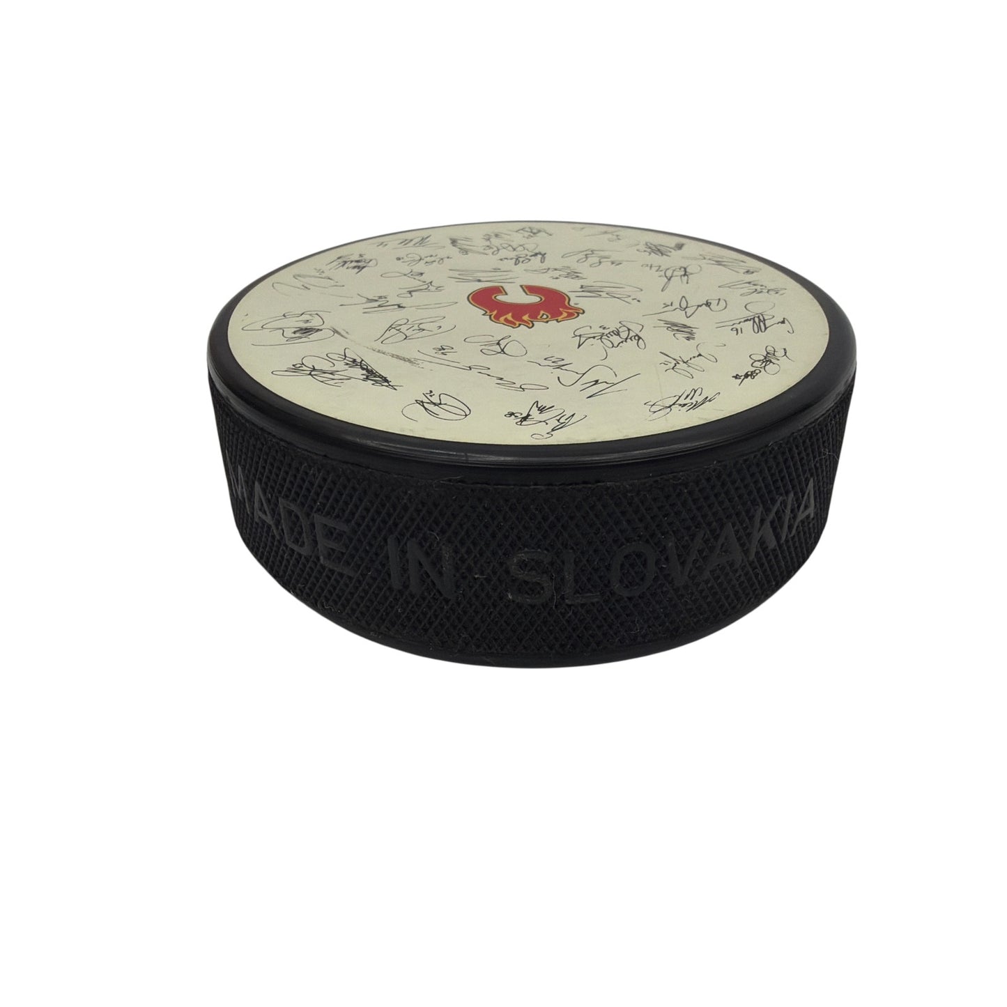 InGlasCo Calgary Flames Official NHL Hockey Puck with Multiple Signatures 3 Inch