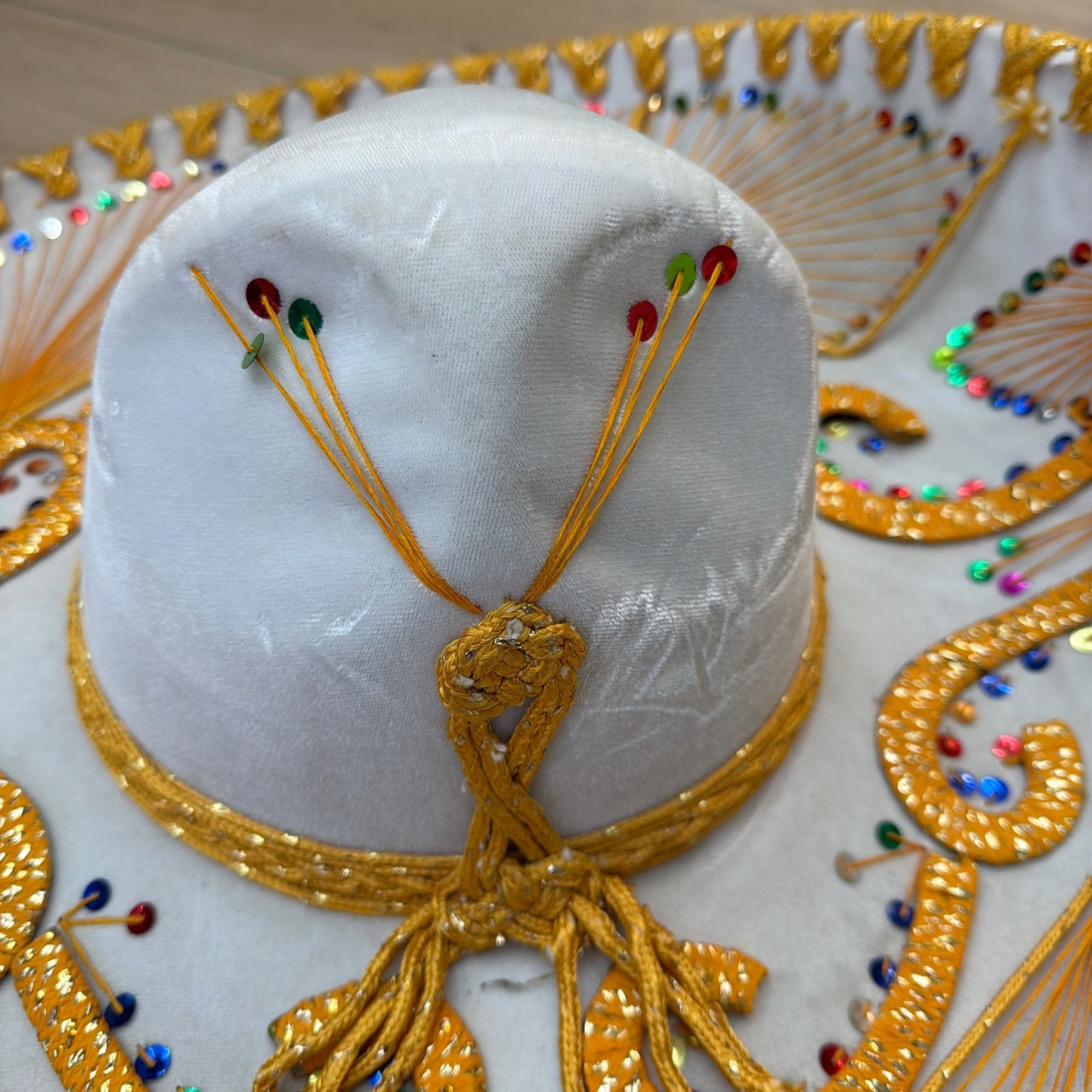 Pigalle XXXXX White Charro Sombrero Hat with Gold Trim and Sequins 23 in