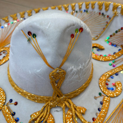 Pigalle XXXXX White Charro Sombrero Hat with Gold Trim and Sequins 23 in